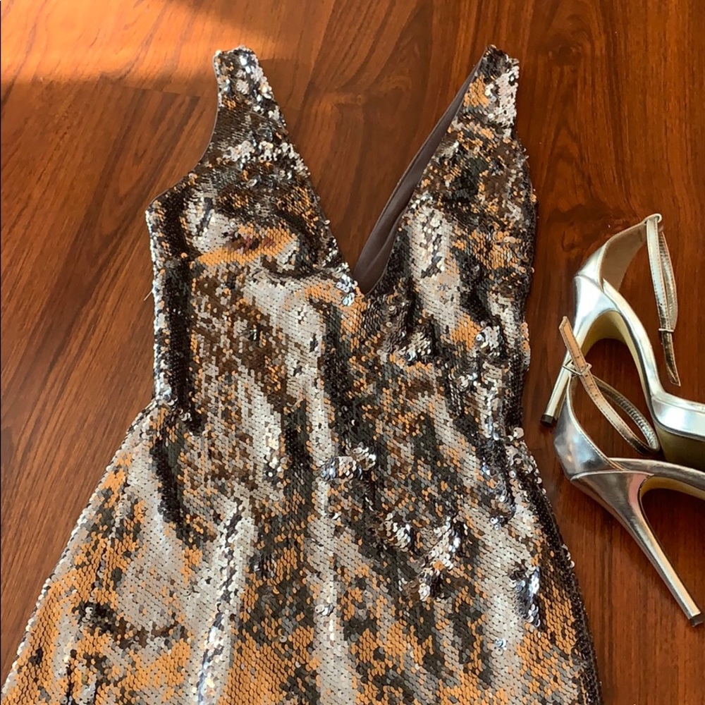 Bebe Silver Gray Sofia Double Deepv Sequined Dress - image 5